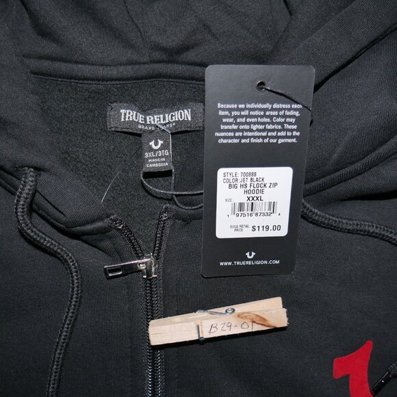 True Religion Buddha Hoodie Men's Size 3XL Sweatshirt Black Red Flocked Logo NWT - Picture 7 of 9